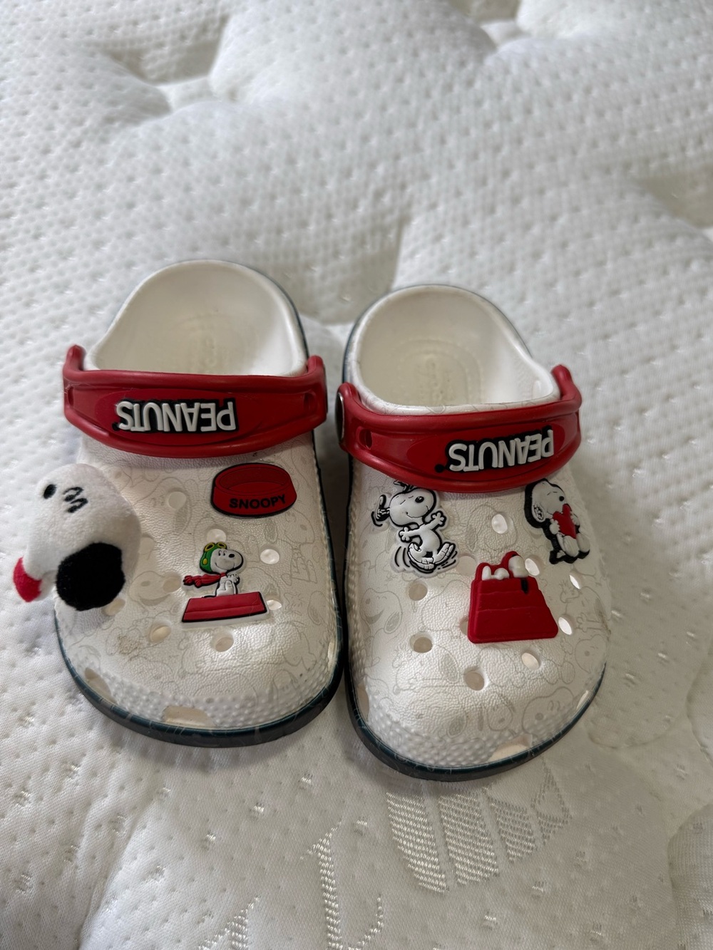 Peanuts White & Red toddler crocs with Snoopy Charms